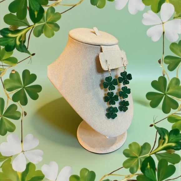 Green Glitter Shamrock Chain Earrings — St. Patrick’s Day Statement Dangles - Picture 2 of 2